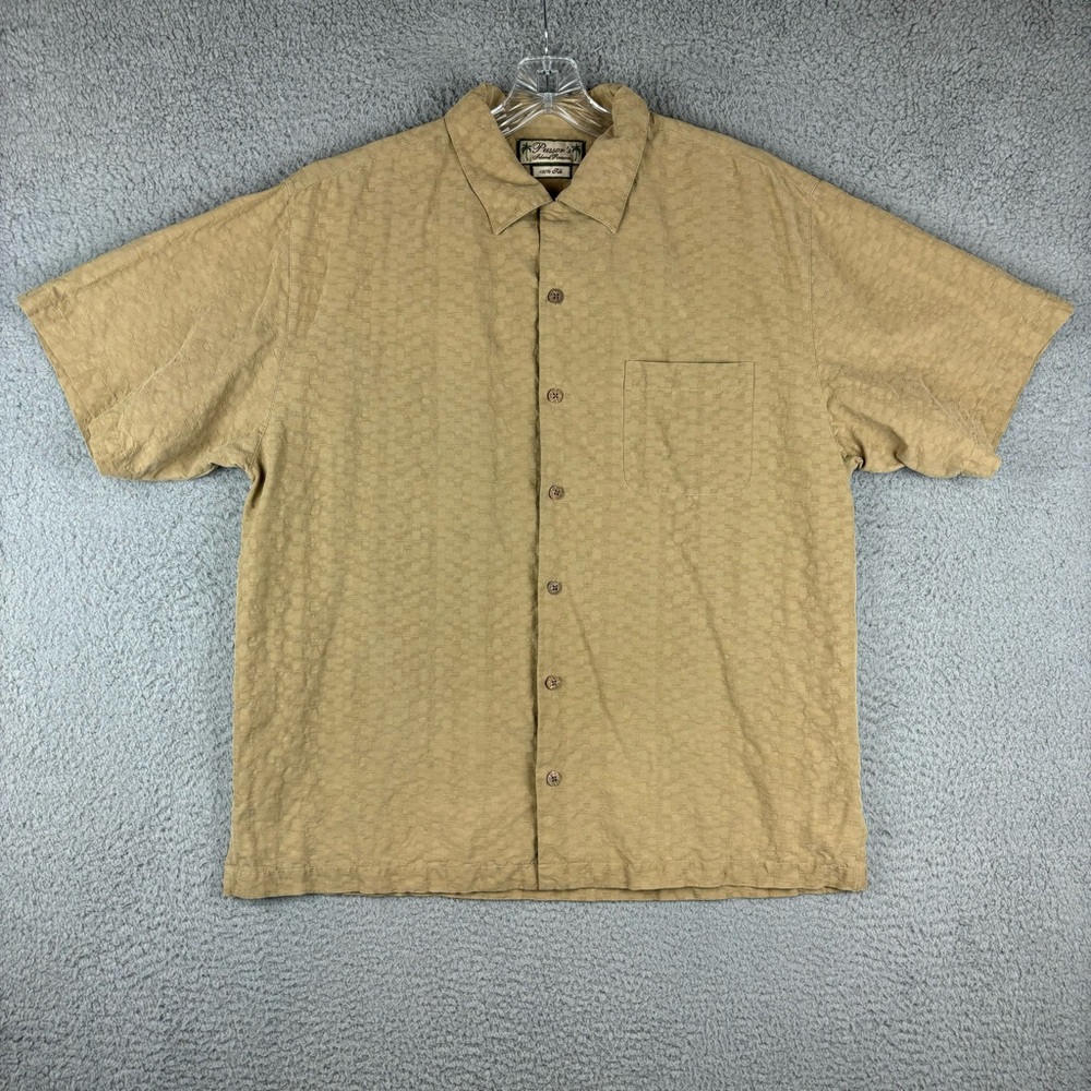 Pusser's Island Reserve Hawaiian Shirt Men’s Medium Tan 100% Silk Short Sleeve‎